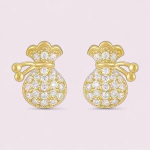 Adorable 14K Gold Vermeil 925 Sterling Money Lucky Bag Pave CZ Stud Earrings